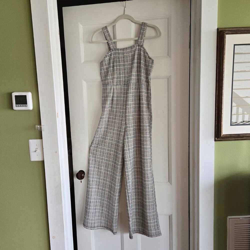 No Comment NY LA Jumpsuit w/Straps Gray Plaid Boho Cottage Flared Leg Size Large